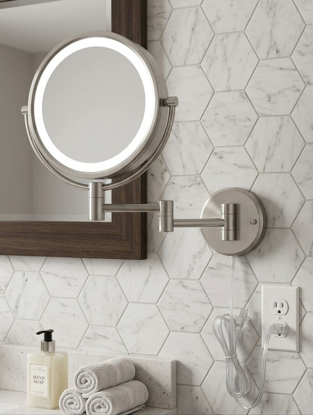 Wall Mounted Mirror with LED Lighting, 8x Magnification, Chrome Finish HL75C